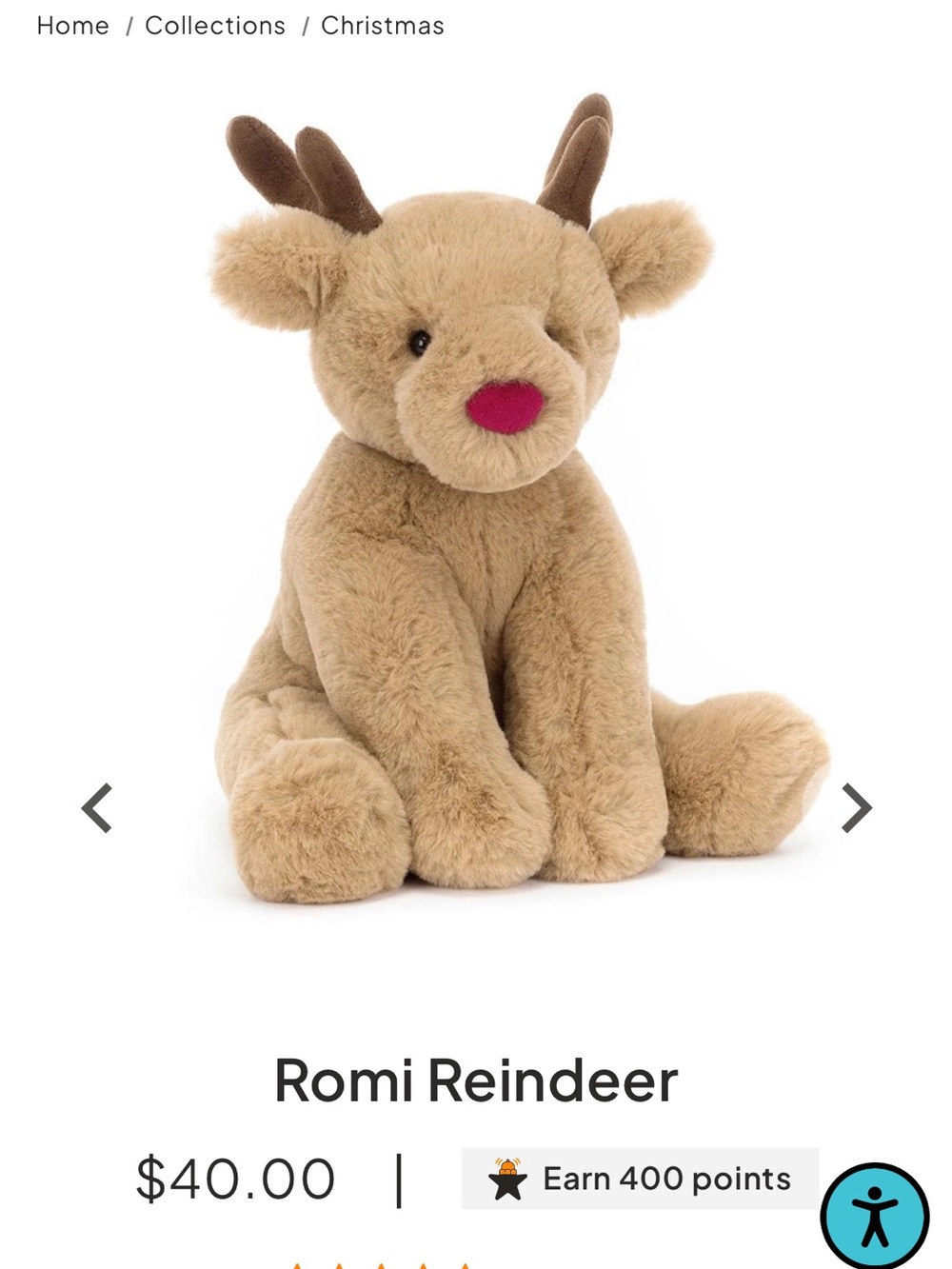 Jellycat Romi Reindeer Plush - Tan with Brown Antlers and Pink Nose